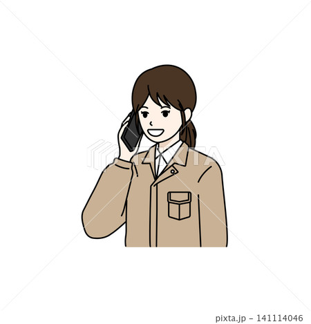 女性作業員 ベージュ作業服 電話 連絡 女性作業員 ベージュ作業服 電話 連絡 141114046