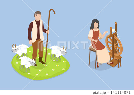 3D Isometric Flat Vector Illustration of Manual Textile Production, From Farm To Luxury Fashion 141114071