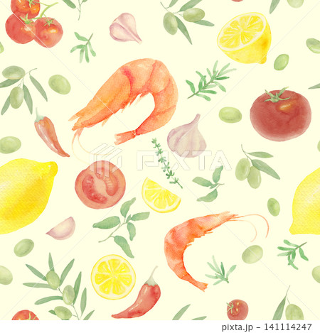 Mediterranean Watercolor Kitchen Seamless Pattern 141114247