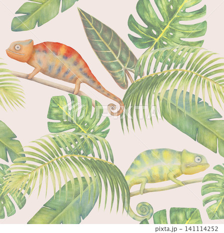 Seamless Watercolor Chameleon Pattern with Tropical Botanical Leaves Seamless Watercolor Chameleon Pattern with Tropical Botanical Leaves 141114252