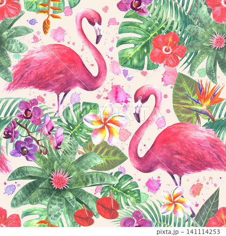 Seamless Watercolor Tropical Flamingo Pattern with Exotic Flowers and Palm Leaves 141114253