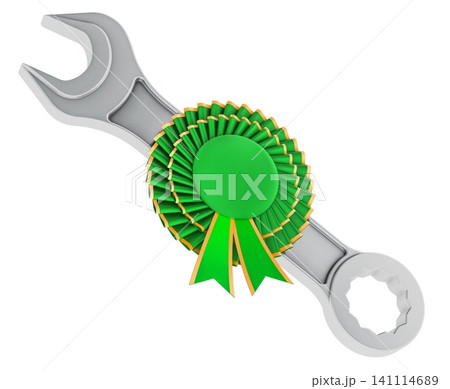 Wrench with green award ribbon for certified repair service. 3D rendering Wrench with green award ribbon for certified repair service. 3D rendering 141114689