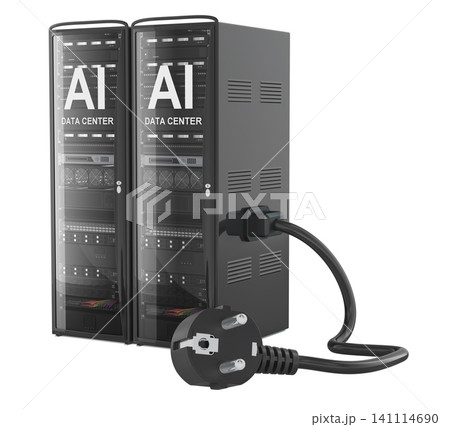 AI data center server racks with power plug and cable. Energy use in artificial intelligence computing, concept. 3d rendering 141114690