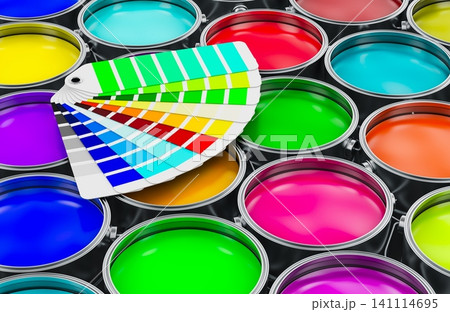 Color swatches over open paint cans. 3D rendering Color swatches over open paint cans. 3D rendering 141114695