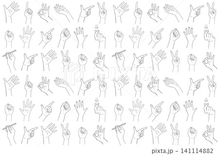 色々なポーズの手のシームレスパターン（手描きイラスト） 141114882