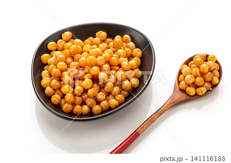 bowl of fried crispy golden soybeans, crunchy savory Asian snack served bowl of fried crispy golden soybeans, crunchy savory Asian snack served 141116188