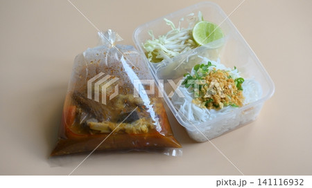 rice vermicelli with northern thai curry sauce in plastic bag rice vermicelli with northern thai curry sauce in plastic bag 141116932