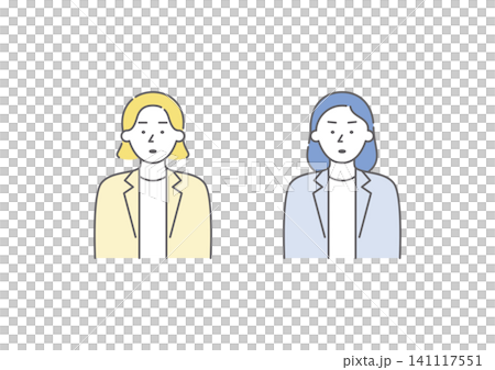 一組插圖(藍色和黃色),描繪了兩位表情憤怒的女商人。 一組插圖(藍色和黃色),描繪了兩位表情憤怒的女商人。 141117551