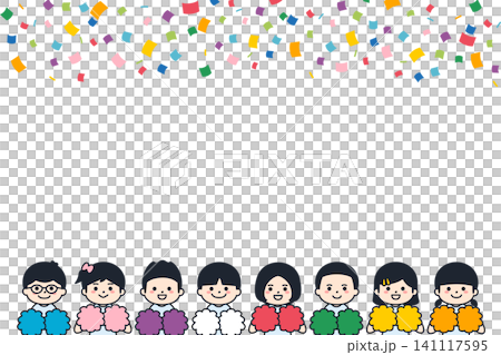 八個精力充沛的孩子揮舞著絨球和彩帶歡呼雀躍——彩色向量插圖 八個精力充沛的孩子揮舞著絨球和彩帶歡呼雀躍——彩色向量插圖 141117595