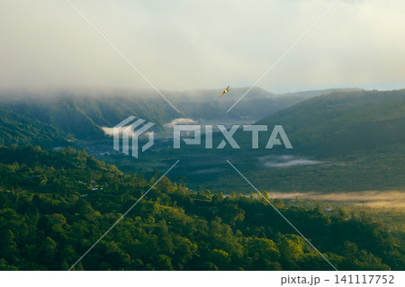 View of Kintamani Bali mountains with mist and wildlife in sky View of Kintamani Bali mountains with mist and wildlife in sky 141117752