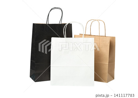 Three shopping bags of different colors and styles, isolated on white, PNG Three shopping bags of different colors and styles, isolated on white, PNG 141117783