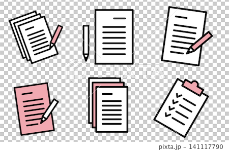 包含文件、報告和鋼筆的圖示集。適用於辦公室工作和任務管理的圖像。向量圖。 包含文件、報告和鋼筆的圖示集。適用於辦公室工作和任務管理的圖像。向量圖。 141117790