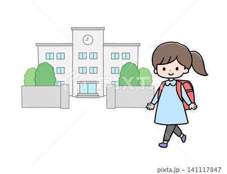 学校に登校する女の子と校舎のイラスト 141117847