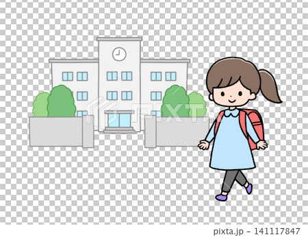 学校に登校する女の子と校舎のイラスト 141117847