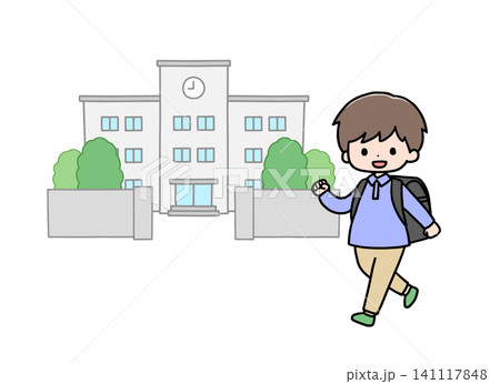 学校に登校する男の子と校舎のイラスト 141117848