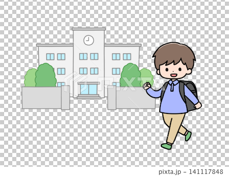 学校に登校する男の子と校舎のイラスト 141117848