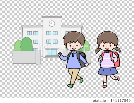 一幅描繪孩子們上學和學校建築的插圖。 一幅描繪孩子們上學和學校建築的插圖。 141117849