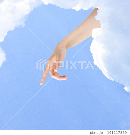 Hand reaching down from clouds in blue sky Hand reaching down from clouds in blue sky 141117889