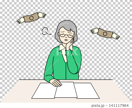一幅描繪老年婦女努力管理財務和退休金的插圖。 一幅描繪老年婦女努力管理財務和退休金的插圖。 141117964