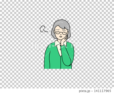 一幅插圖，描繪了一位憂心忡忡的老婦人，她用手摀著臉頰嘆息。 141117965