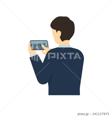 フラットイラスト:スマートフォンを操作する高校生男子(冬服) フラットイラスト:スマートフォンを操作する高校生男子(冬服) 141117973