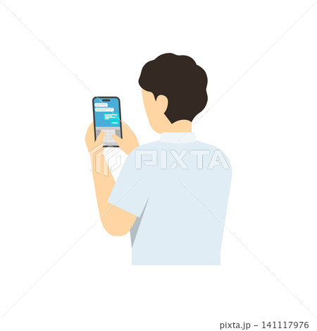 フラットイラスト:スマートフォンを操作する中学生男子(夏服) フラットイラスト:スマートフォンを操作する中学生男子(夏服) 141117976