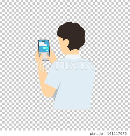 Flat illustration: A middle school boy (in summer clothes) using a smartphone. Flat illustration: A middle school boy (in summer clothes) using a smartphone. 141117976