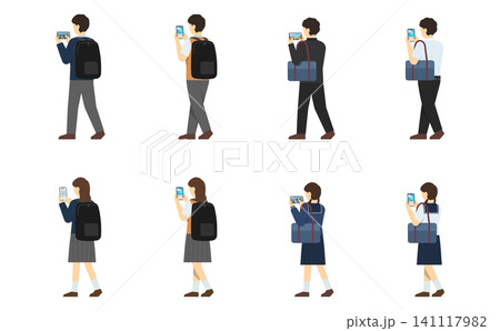 フラットイラスト:歩きながらスマートフォンを操作する学生セット フラットイラスト:歩きながらスマートフォンを操作する学生セット 141117982