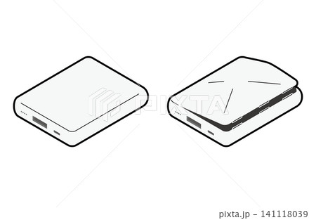 通常と膨らんだモバイルバッテリーのアイソメトリックイラスト(主線あり) 通常と膨らんだモバイルバッテリーのアイソメトリックイラスト(主線あり) 141118039