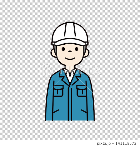 Vector illustration of the upper body of a young male worker/technician/employee in work clothes and a white helmet. Vector illustration of the upper body of a young male worker/technician/employee in work clothes and a white helmet. 141118372