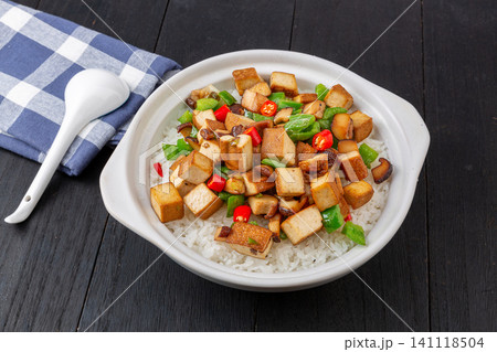 Chinese Claypot Rice with Dried Tofu and Peppers, Vegetarian Friendly Chinese Claypot Rice with Dried Tofu and Peppers, Vegetarian Friendly 141118504