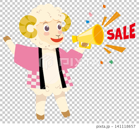An illustration of a cute sheep character from the Year of the Sheep holding a megaphone during a sale. An illustration of a cute sheep character from the Year of the Sheep holding a megaphone during a sale. 141118657