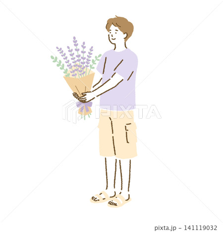 ラベンダーの花束を差し出す男性 シンプルな人物の全身イラスト ラベンダーの花束を差し出す男性 シンプルな人物の全身イラスト 141119032