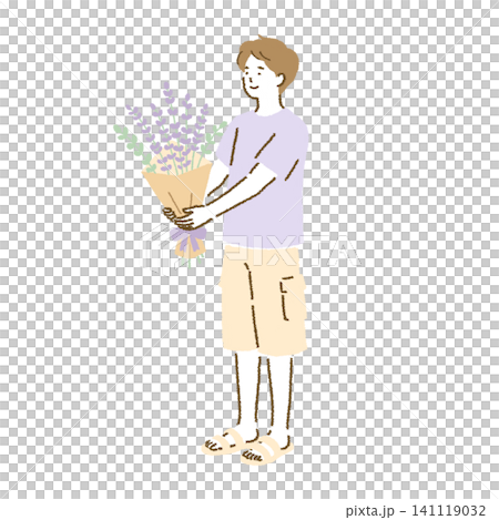 ラベンダーの花束を差し出す男性 シンプルな人物の全身イラスト ラベンダーの花束を差し出す男性 シンプルな人物の全身イラスト 141119032