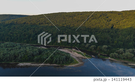 Dniester river winding through canyon with green forest landscape Dniester river winding through canyon with green forest landscape 141119443