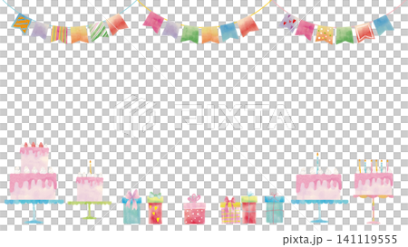 可愛的水彩風格生日快樂相框（蛋糕、花圈、禮物） 141119555