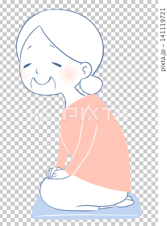 An illustration of an old woman sitting cross-legged on a cushion. An illustration of an old woman sitting cross-legged on a cushion. 141119721