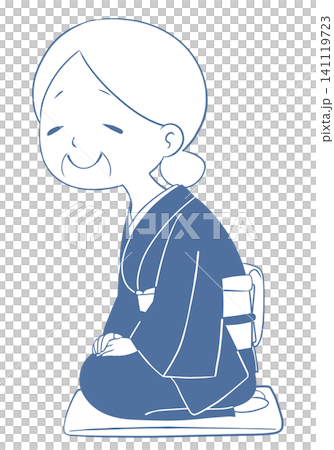 An illustration of an old woman sitting cross-legged on a cushion. An illustration of an old woman sitting cross-legged on a cushion. 141119723