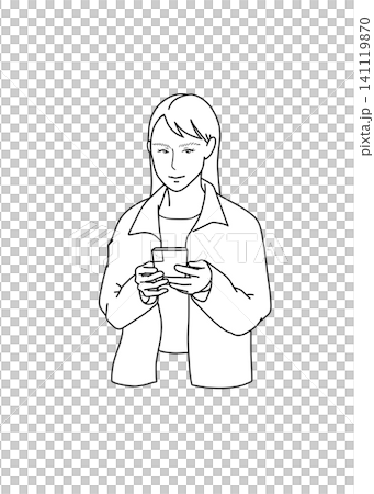 一幅女性操作智慧型手機的線條畫插圖 一幅女性操作智慧型手機的線條畫插圖 141119870