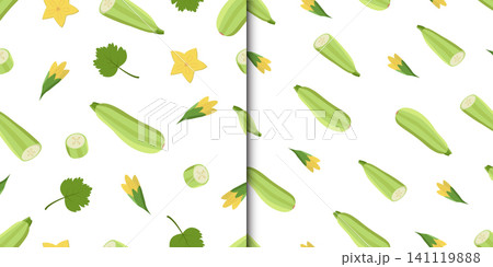 Set of seamless pattern zucchini whole and cut, squash flowers and leaf. Vector illustration of vegetables, bright background harvest. 141119888