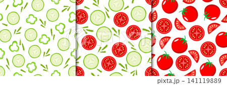 Set of Seamless pattern of fresh slices of tomato cucumber and greens, vector illustration of the concept of a healthy salad vitamins. Vegetable background 141119889