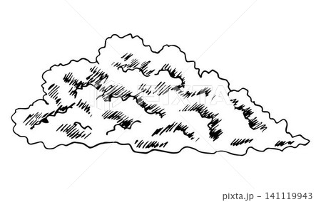 Hand-drawn vector ink drawing in engraving style. Thundercloud, cumulus cloud, storm, windy weather, rainy season. Climate, air, nature. 141119943