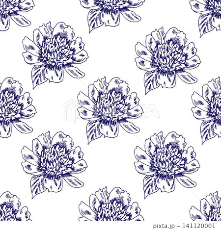 Hand drawn elegant floral vector seamless pattern. Blue contour of a peony flower on a white background. For prints on fabrics, textiles, home decor, bedding, lace. 141120001