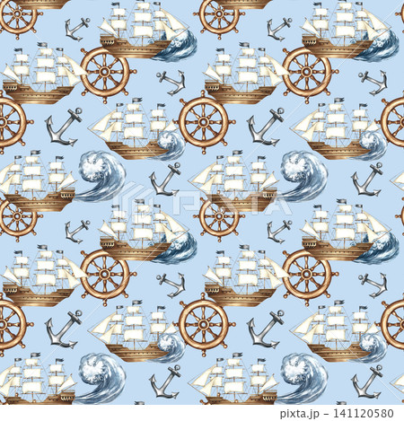 Seamless pattern with sailing ships, anchors, and ship's wheels. Hand-drawn watercolor illustrations. On a blue background. Perfect for textiles, wrapping paper, packaging, backgrounds, and more. 141120580