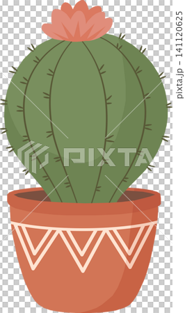 Cute Cactus with Flower Illustration, Cartoon Pastel Potted Plant in Boho Tribal Pot, Minimalist Flowering Succulent Element Isolated for Home Decor Design 141120625
