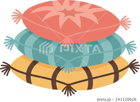 Cute Boho Pillows Stack Illustration, Cartoon Pastel Round Cushions Pile, Minimalist Tribal Home Decor Soft Elements Isolated for Comfort Living Design 141120626