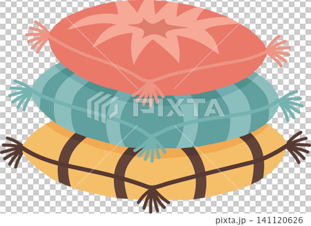 Cute Boho Pillows Stack Illustration, Cartoon Pastel Round Cushions Pile, Minimalist Tribal Home Decor Soft Elements Isolated for Comfort Living Design 141120626