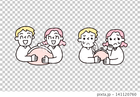 A set of illustrations depicting a young couple with money and a young couple with little money. A set of illustrations depicting a young couple with money and a young couple with little money. 141120760