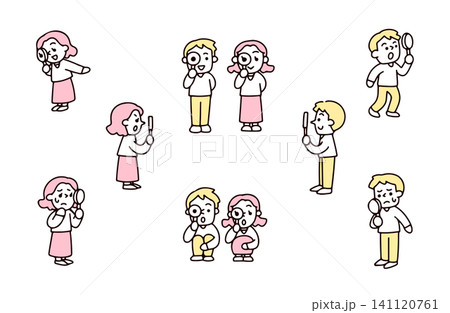 虫眼鏡でいろんな方向を見る若い夫婦のイラストセット 141120761