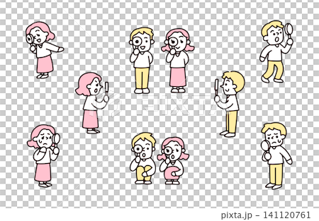 虫眼鏡でいろんな方向を見る若い夫婦のイラストセット 141120761